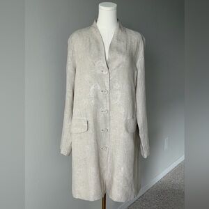 Eileen Fisher Organic Linen Natural Embroidered Long Coat Jacket Blazer-L